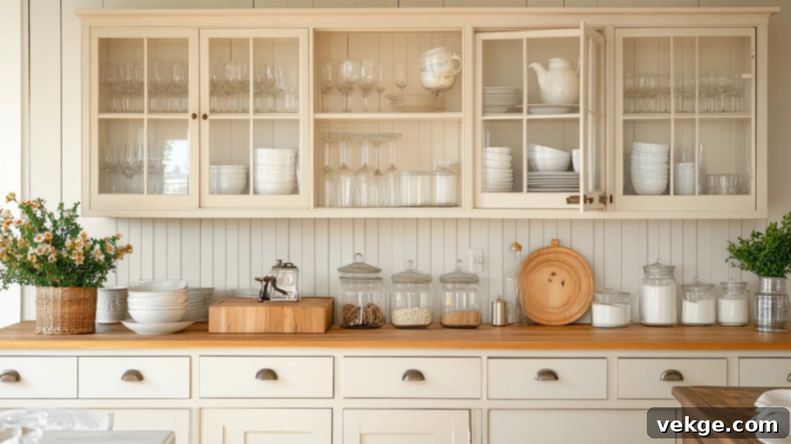 Barndominium kitchen with glass front cabinets