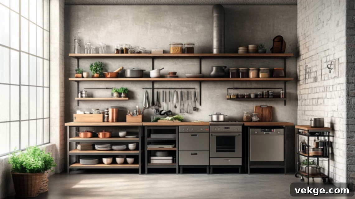 Barndominium kitchen with open wooden shelving