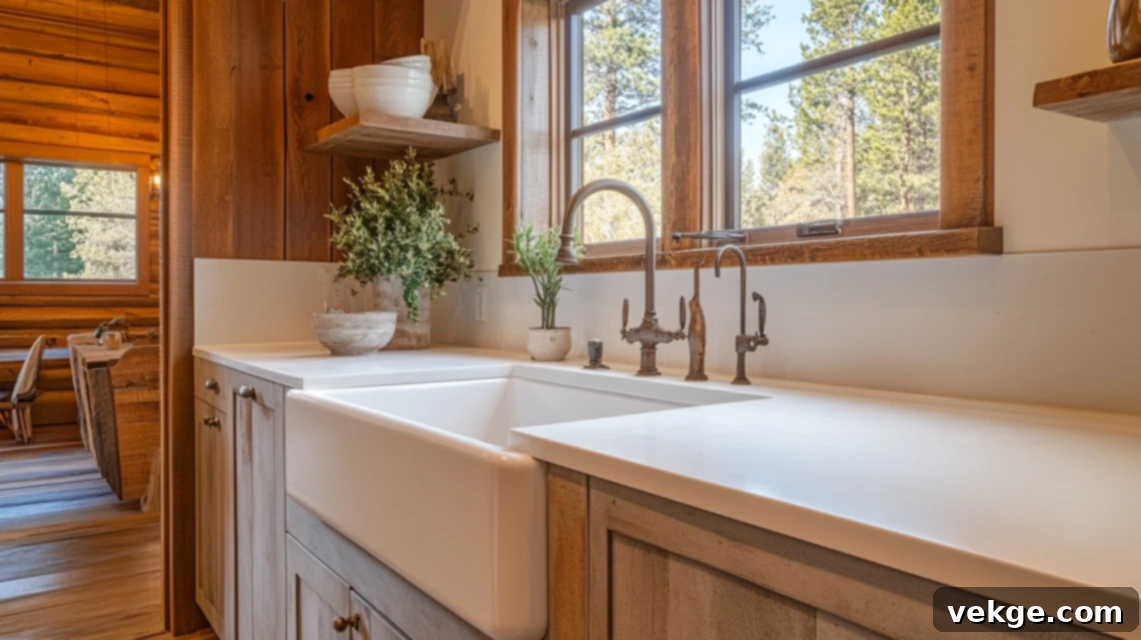 White farmhouse sink in barndominium kitchen