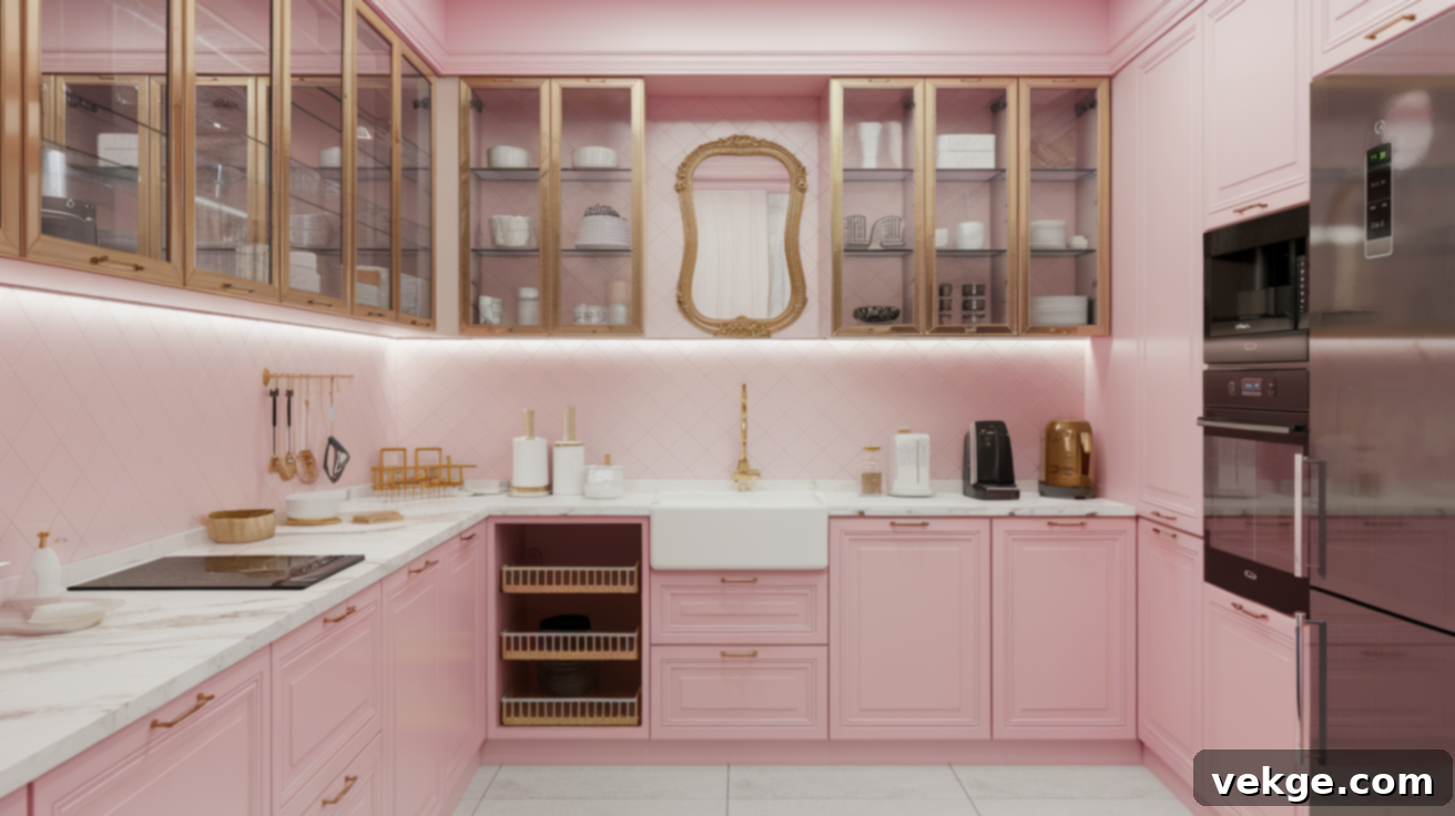 Luxury Pink Kitchen Cabinetry and Smart Storage Solutions with Gold Accents