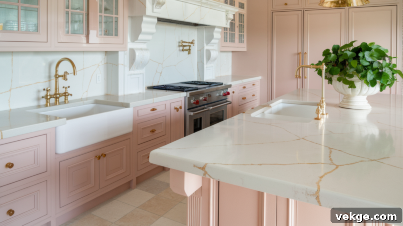 White Marble Countertops with Gold Veining for Pink Kitchens