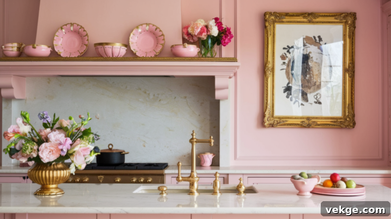 Decorative Elements and Gold Accents for Pink Kitchens