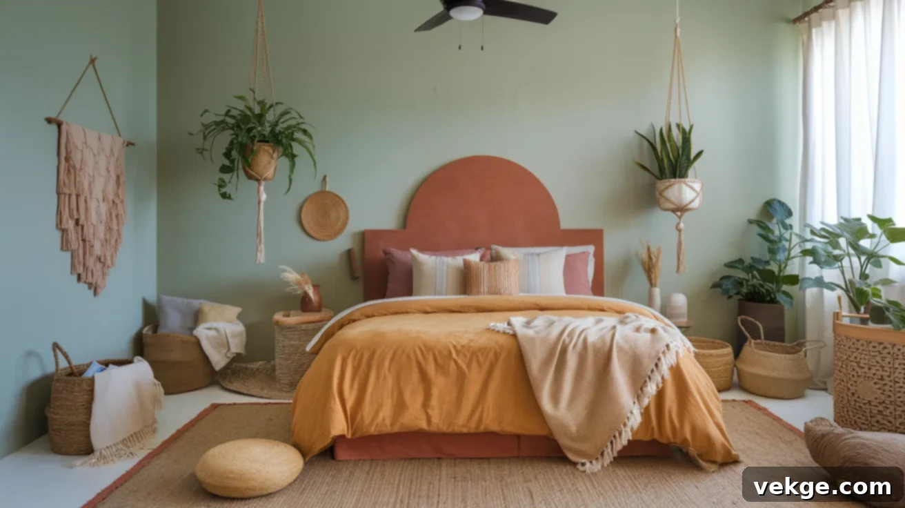 Boho Chic Bedroom with earthy tones and textures