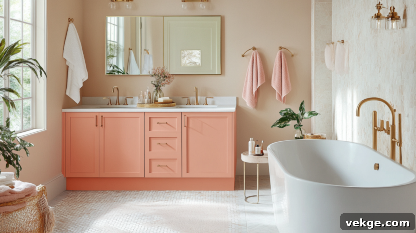 Cheerful Light Coral Bathroom Cabinets for a Warm and Energetic Touch