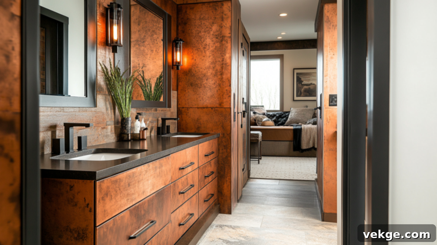 Warm Copper Finished Bathroom Cabinets for a Metallic Glow and Richness