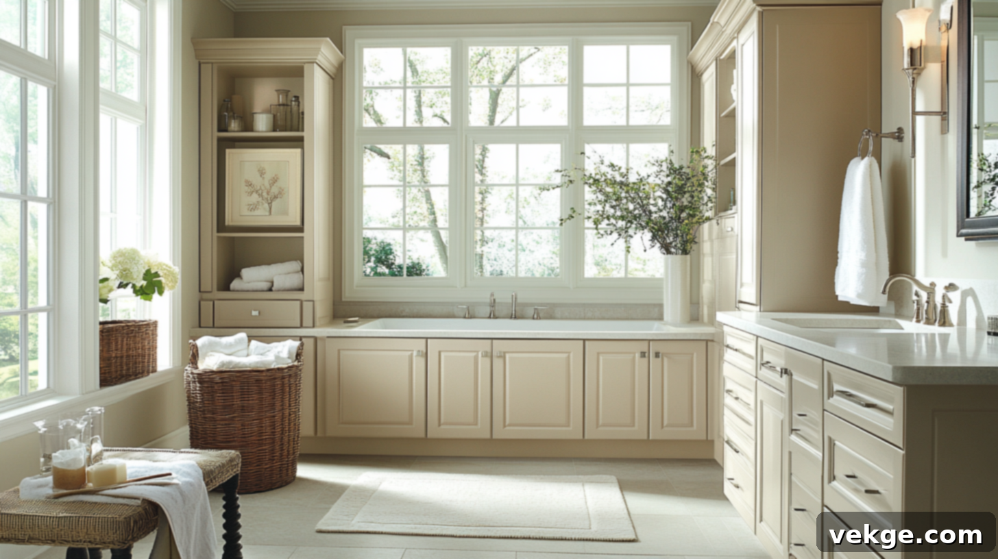 Light Beige Bathroom Cabinets with Crisp White Trim for a Soft Contrast