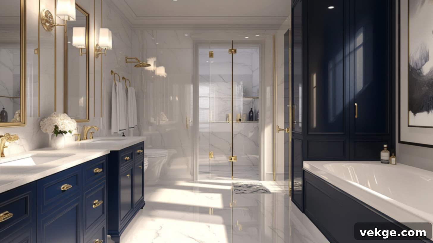 Elegant Navy Blue Bathroom Cabinets with White Walls and Gold Hardware