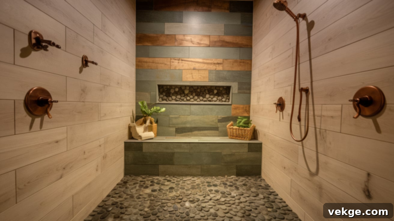 Rustic Walk-In Shower with Pebble Floor and Wood-Look Tiles
