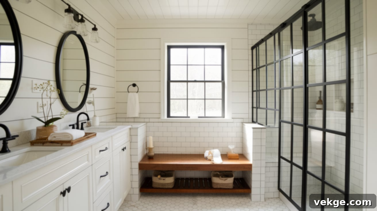 Farmhouse Style Walk-In Shower with Subway Tiles and Dark Grout