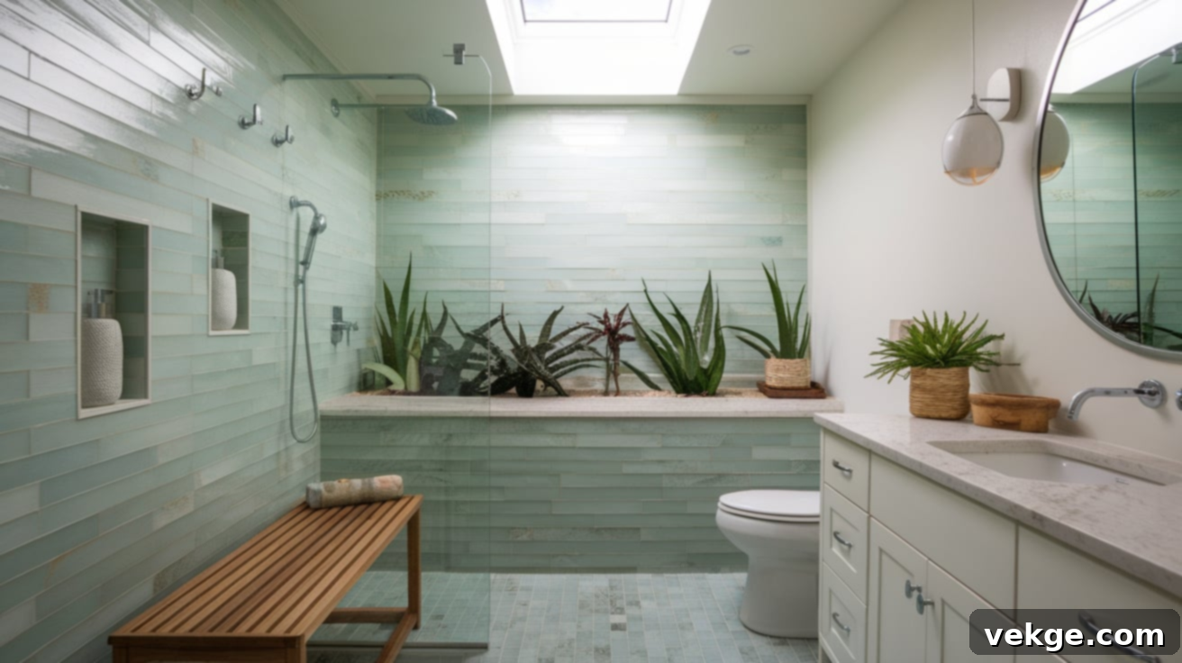 Coastal Spa Walk-In Shower with Blue Tiles and Teak Bench