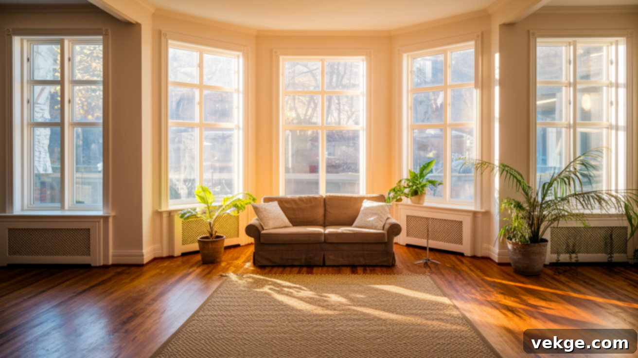 A warm, inviting living room filled with natural sunlight streaming through large, modern windows, highlighting comfortable furniture and lush indoor plants.