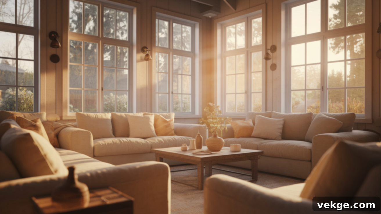 A cozy, sunlit living room with comfortable seating, decorative pillows, and a large window overlooking a lush garden, creating a peaceful indoor-outdoor connection.
