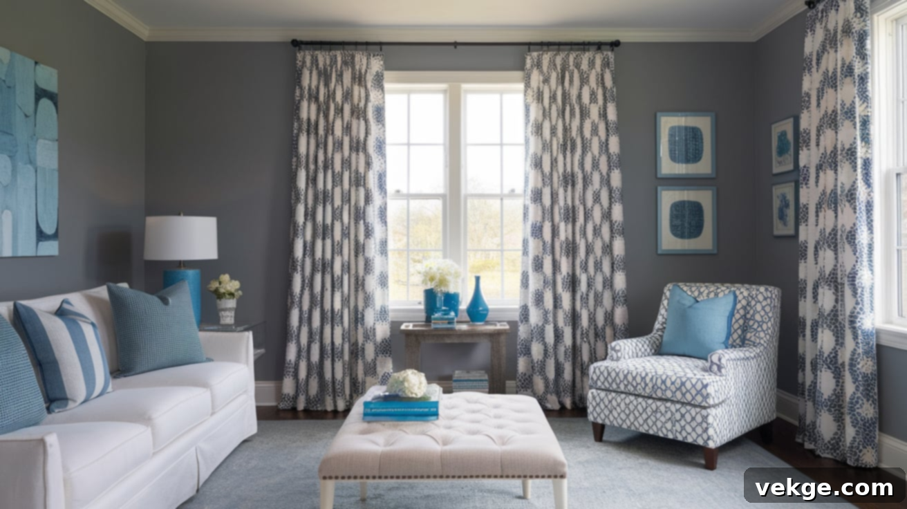 Patterned Blue and White Curtains with Gray Walls