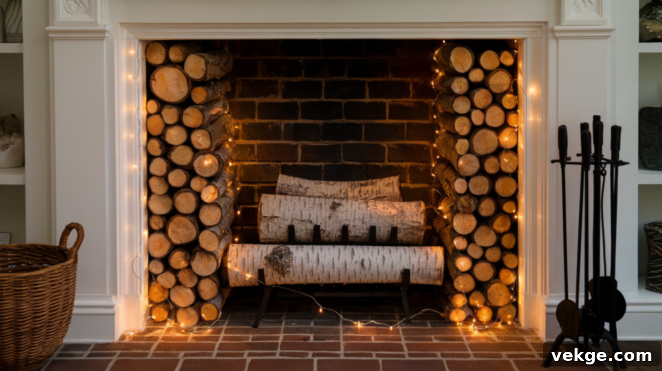 Stacked logs with fairy lights in an empty fireplace