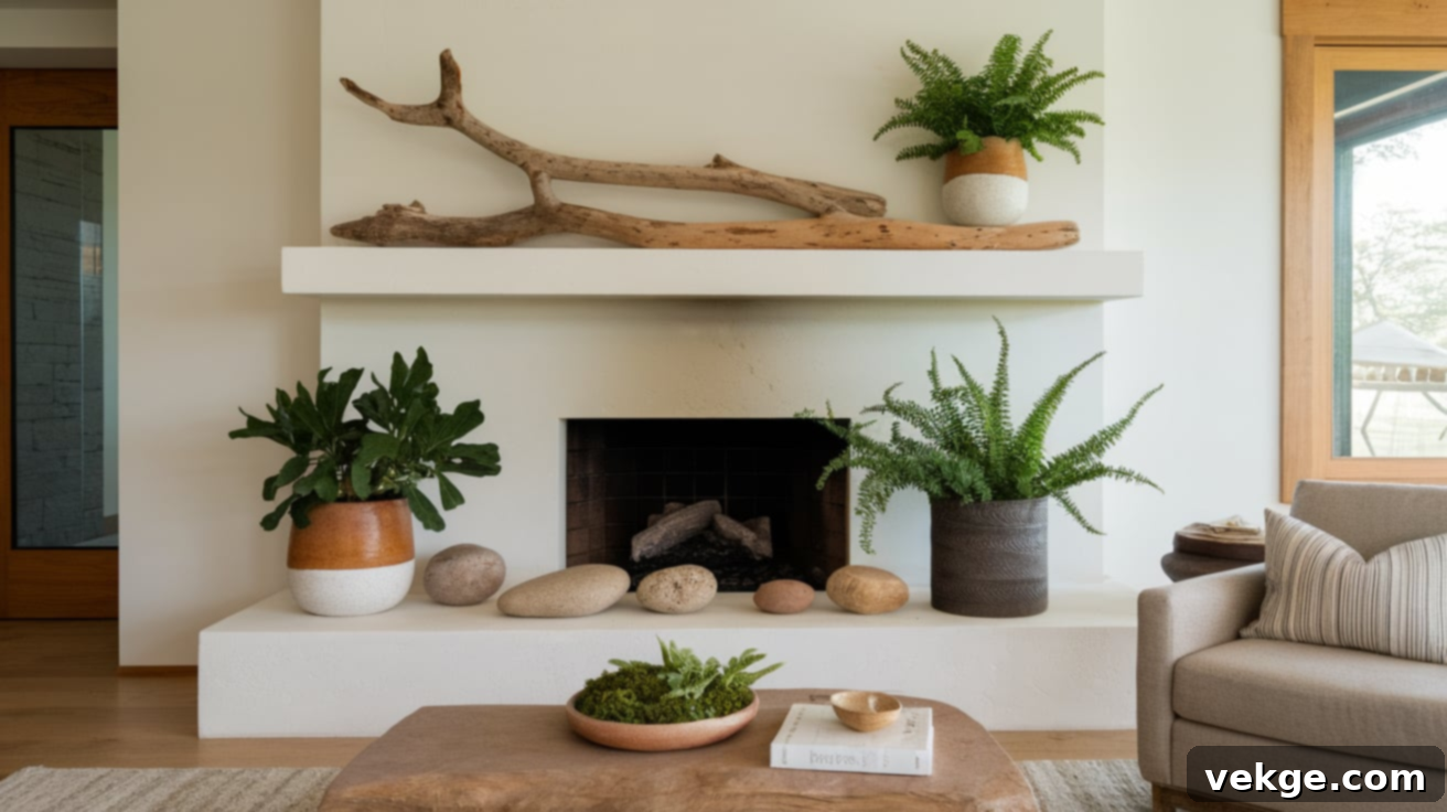Empty fireplace decorated with natural elements like driftwood and stones