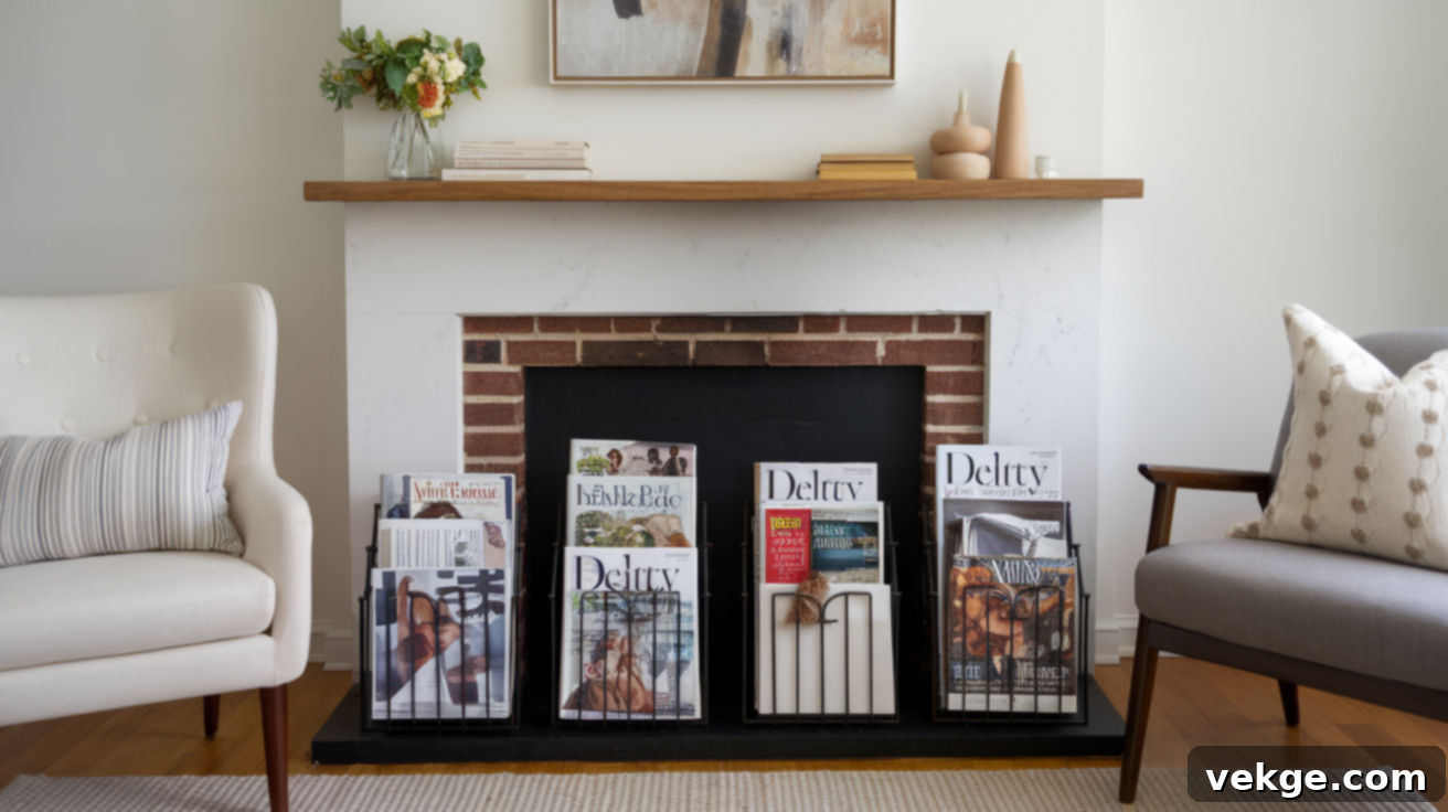 Empty fireplace used for magazine storage