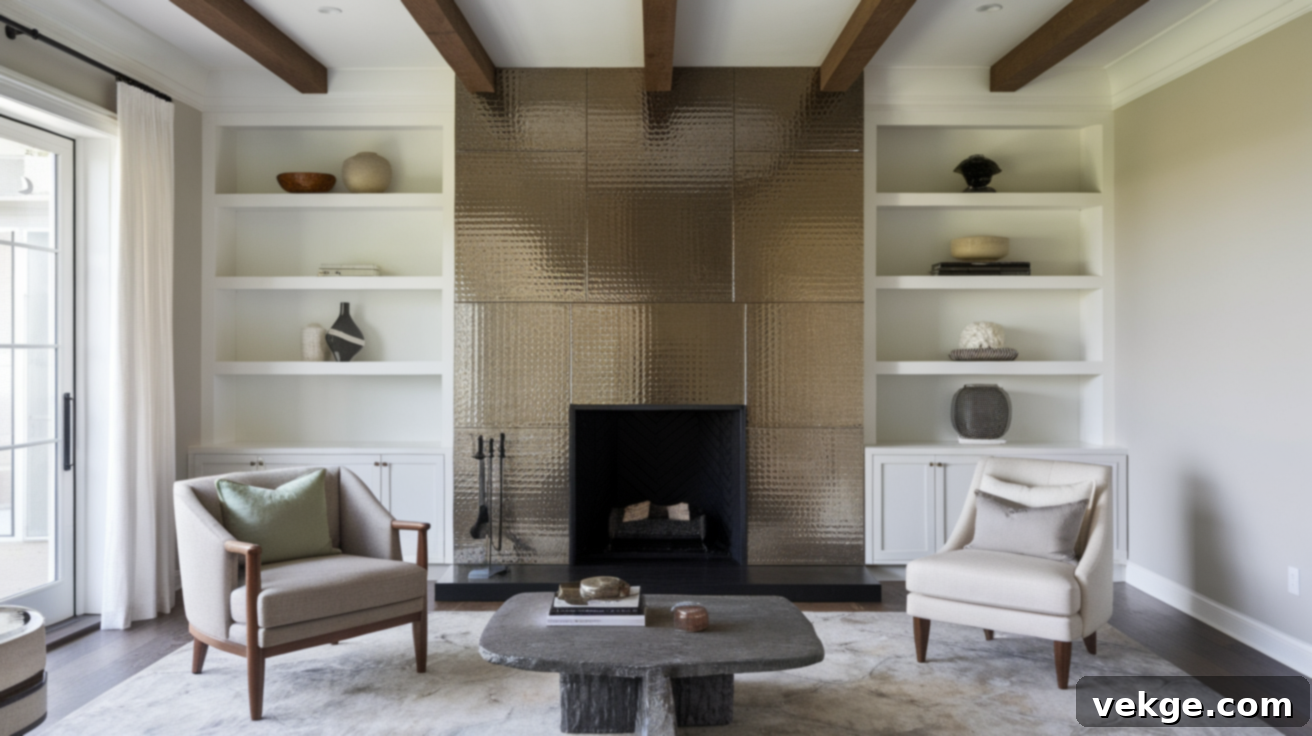 Empty fireplace transformed into a dramatic focal point with unique materials