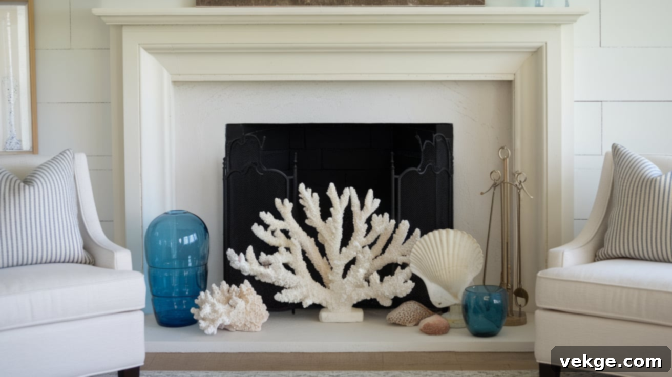 Empty fireplace decorated with coastal elements like shells and coral