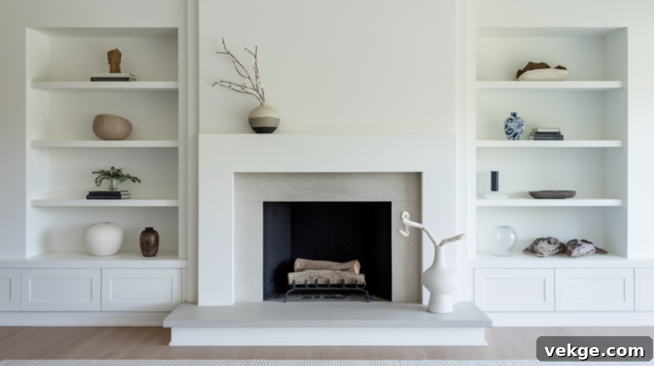 Empty fireplace with a single minimalist sculpture