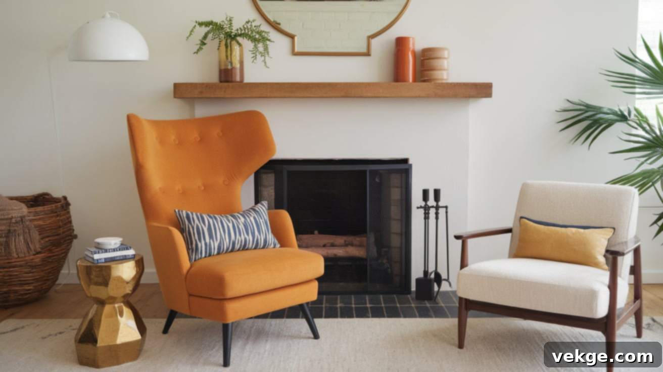 Empty fireplace with a small chair partially inside for seating