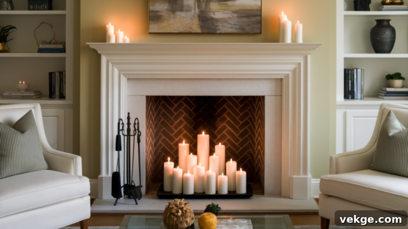 Empty fireplace filled with an assortment of candles
