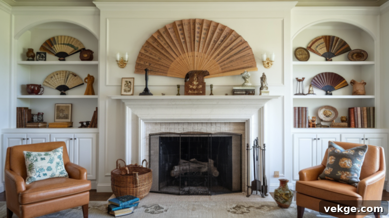 Empty fireplace filled with antique books and decorative items
