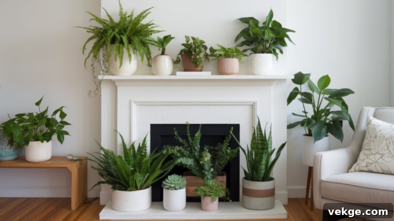 Empty fireplace transformed into an indoor garden with potted plants