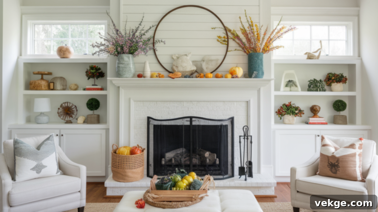 Empty fireplace decorated with seasonal items for autumn