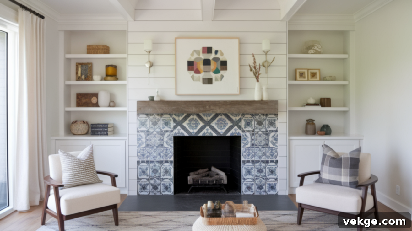 Empty fireplace opening with decorative tile design