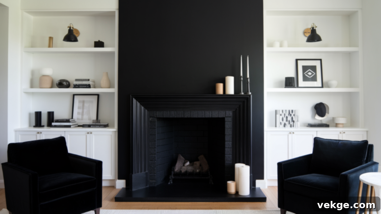 Empty fireplace painted with a sleek black finish