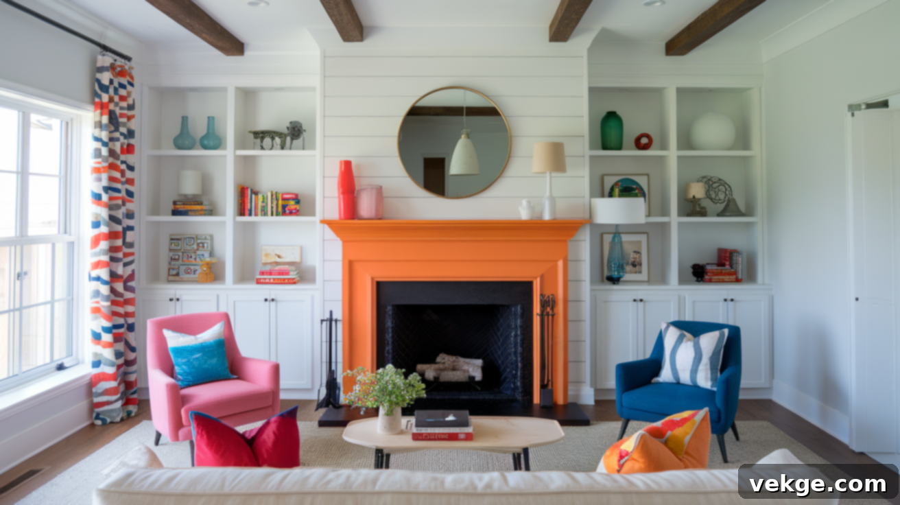 Empty fireplace painted in a vibrant color