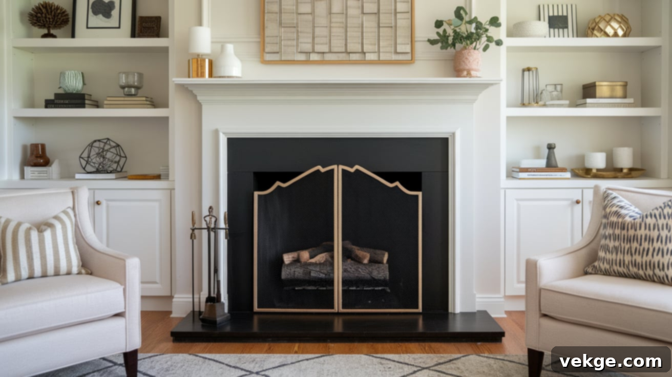 Empty fireplace with a decorative fire screen