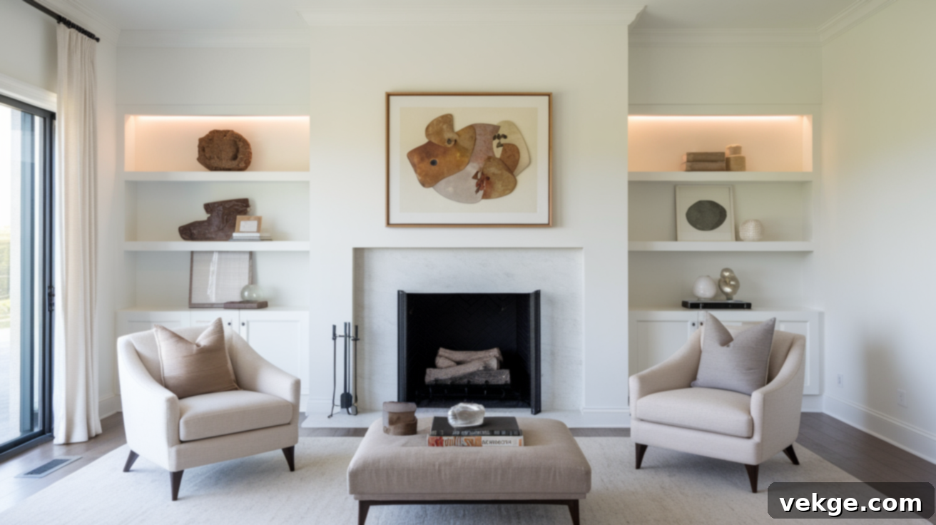 Empty fireplace displaying a statement art piece