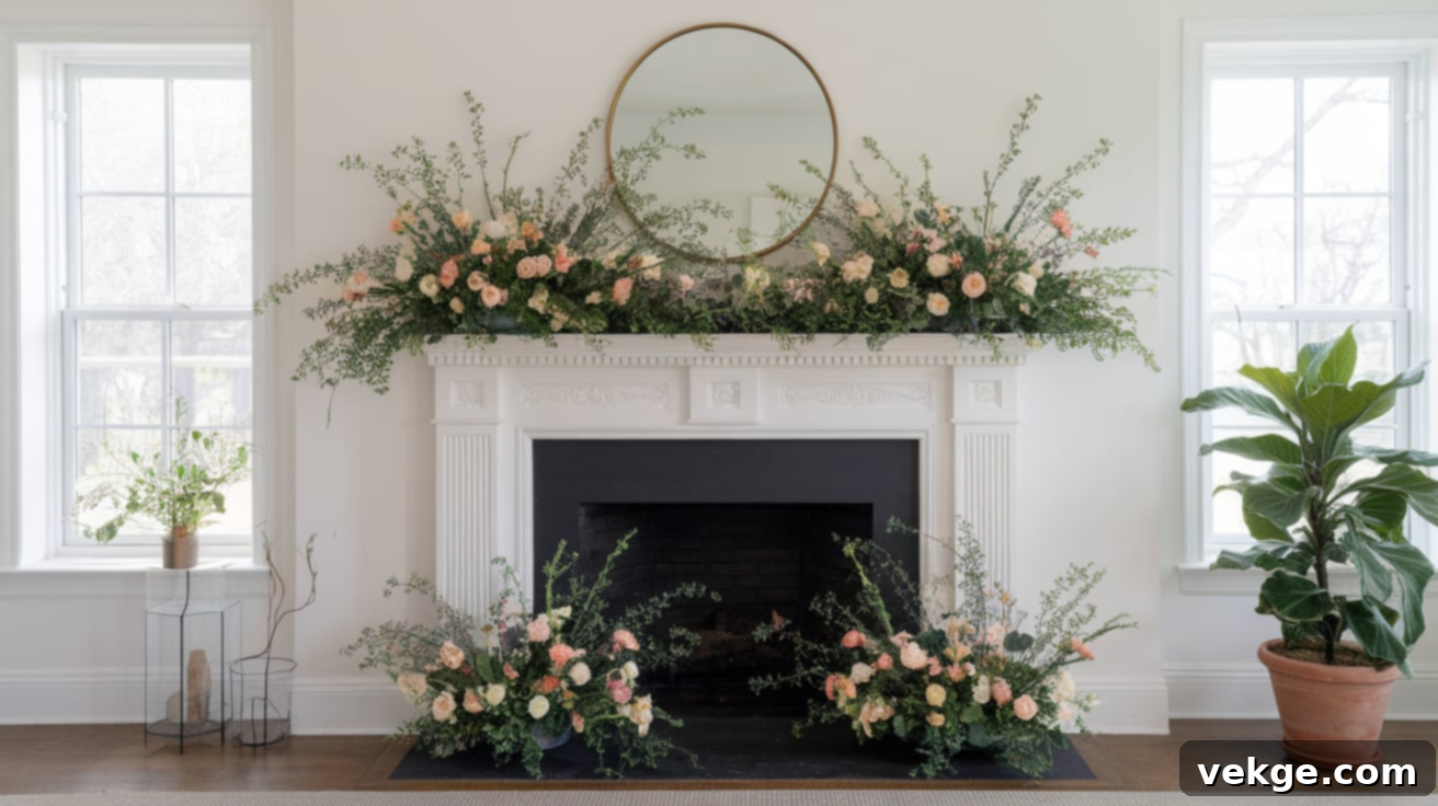 Empty fireplace filled with fresh flowers and plants