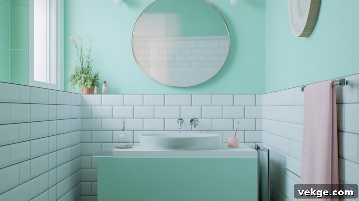 Pastel-Colored Feature Wall Above White Tiles