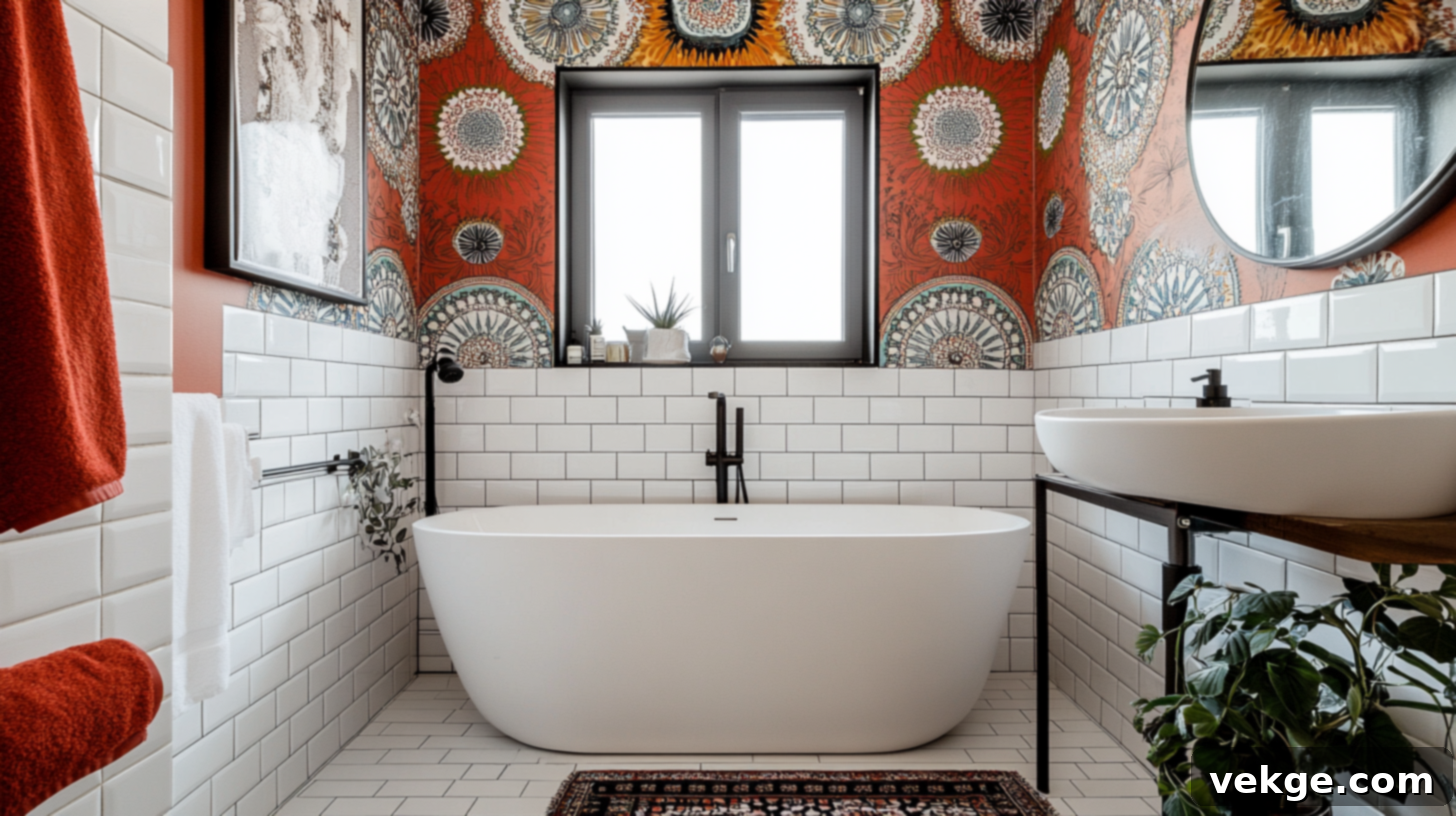 Bold Patterned Wallpaper with White Tiles
