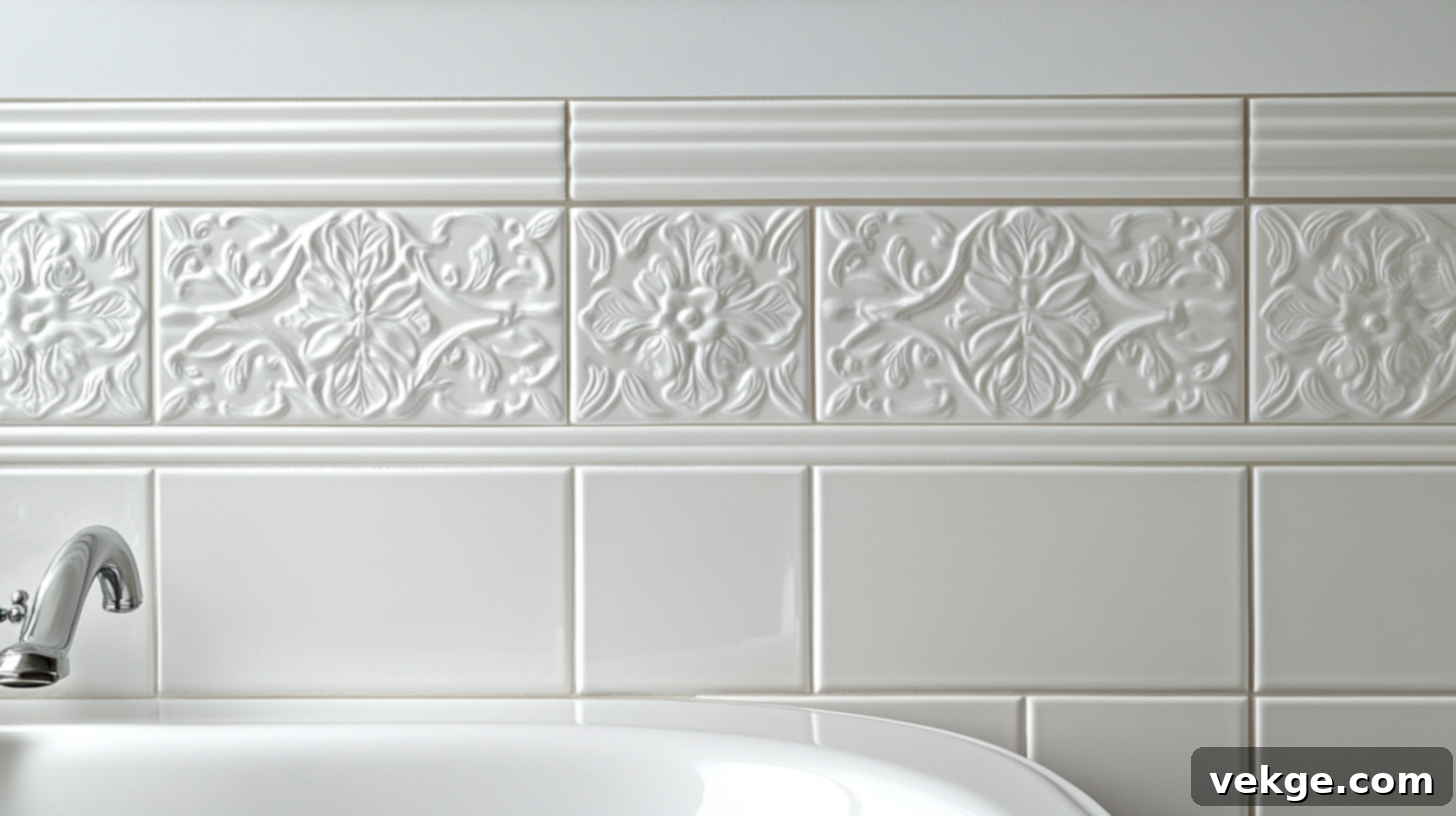 DIY Stenciled Wall Above White Tiles