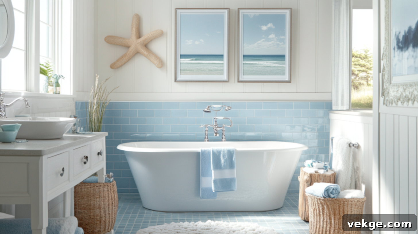 Soft Blue Tiles with White Upper Walls