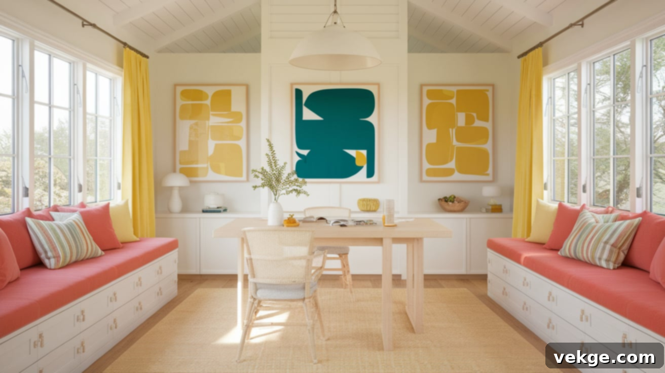 Coral, Teal, and Lemon Yellow create a vibrant and cheerful tropical color palette.