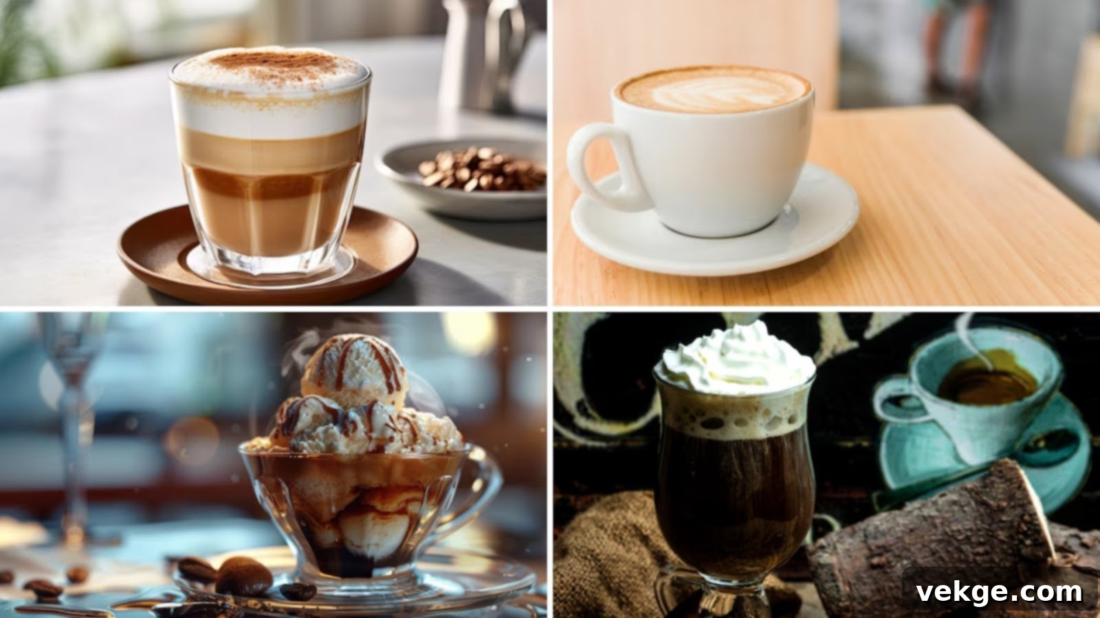 A vibrant array of distinct coffee beverages, showcasing the diversity of coffee preparations globally.