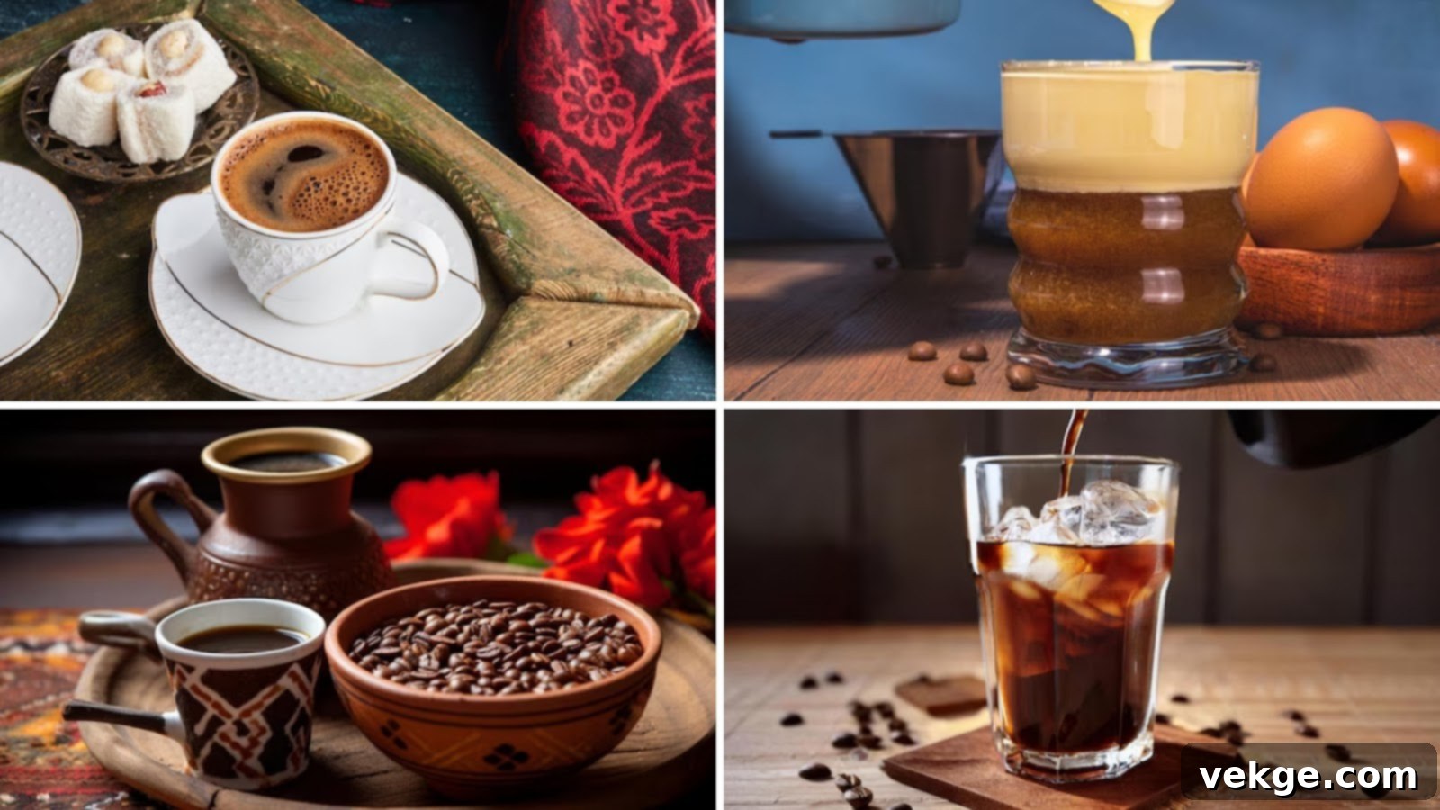 A visually diverse collage depicting various unique coffee drinks from different cultures worldwide.