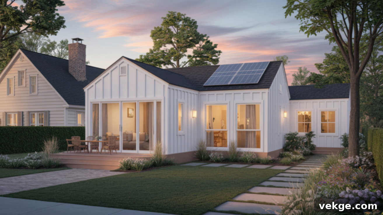 A modern suburban home featuring a newly built Accessory Dwelling Unit (ADU) with large windows and a small patio, illustrating efficient space design and indoor-outdoor connection.