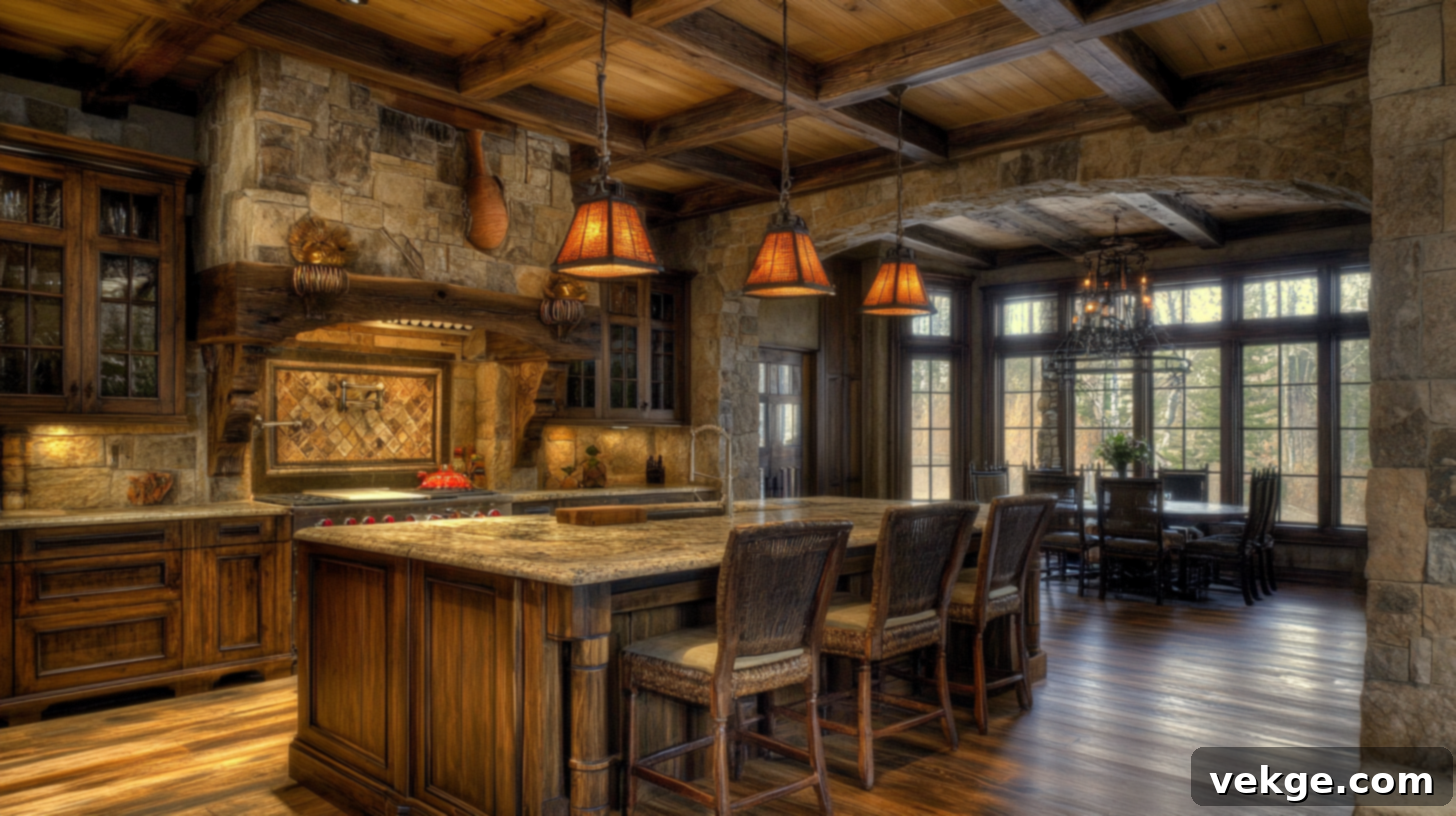 Rustic modern kitchen design featuring reclaimed wood beams and a stone island.