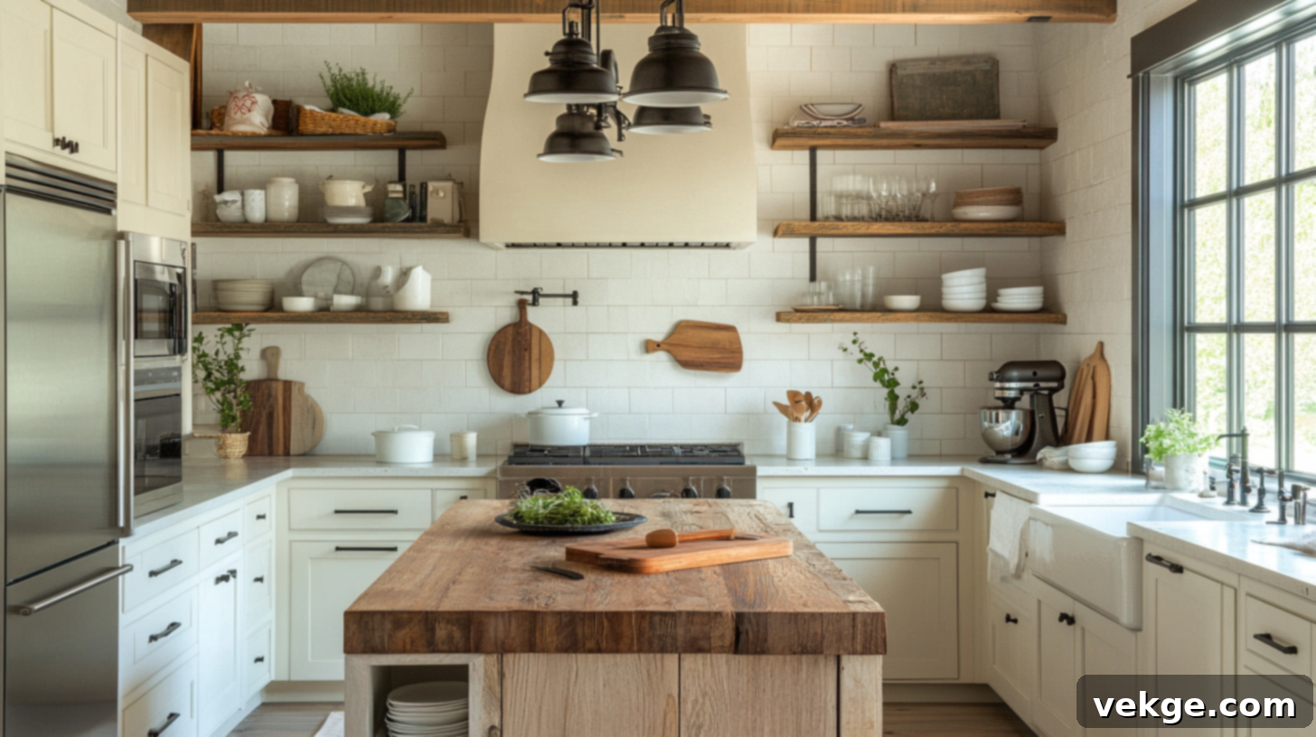 Small rustic modern kitchen with open shelving and light colors.