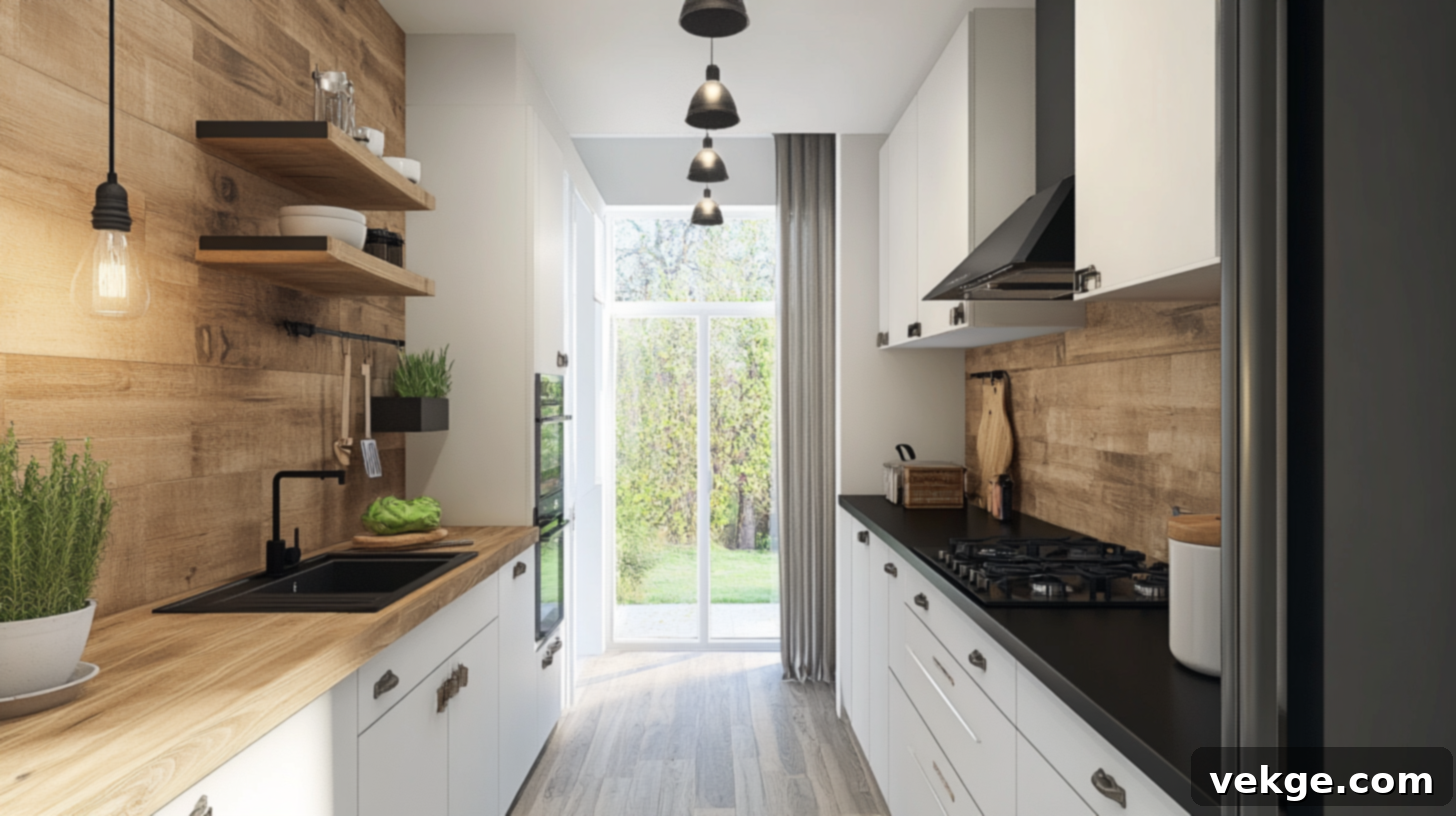 Galley kitchen with tall cabinets and pendant lights in a rustic modern style.