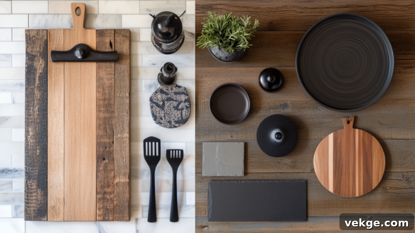Close-up of rustic modern kitchen materials like wood, stone, and subway tile.