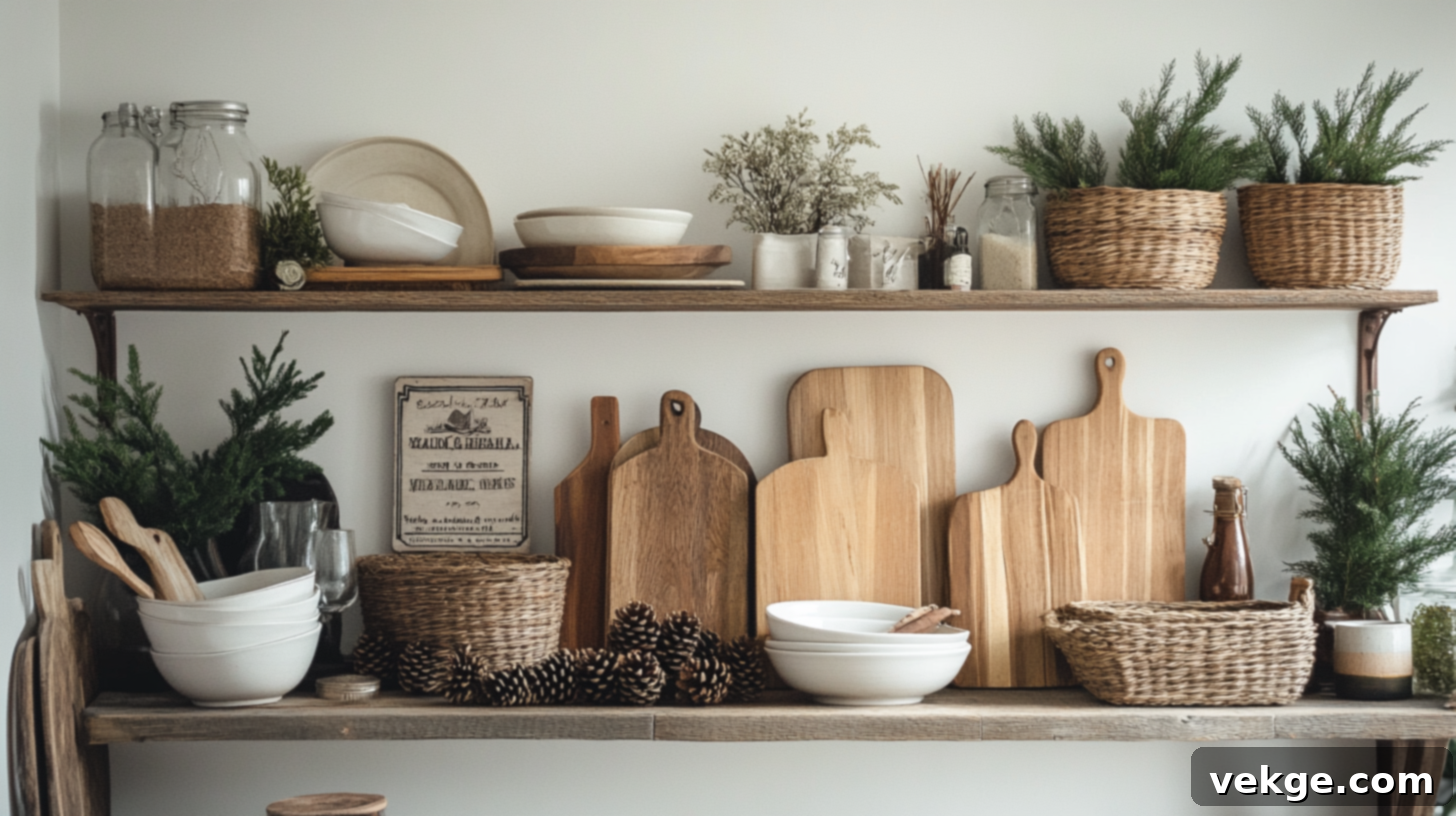 Styled rustic modern kitchen shelves with natural decor and plants.