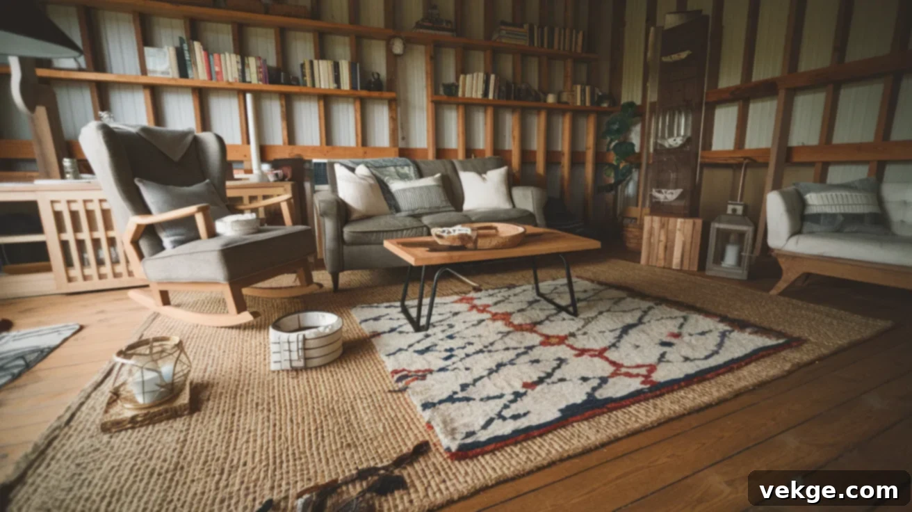 Layering Rugs in Barndominium Living Room