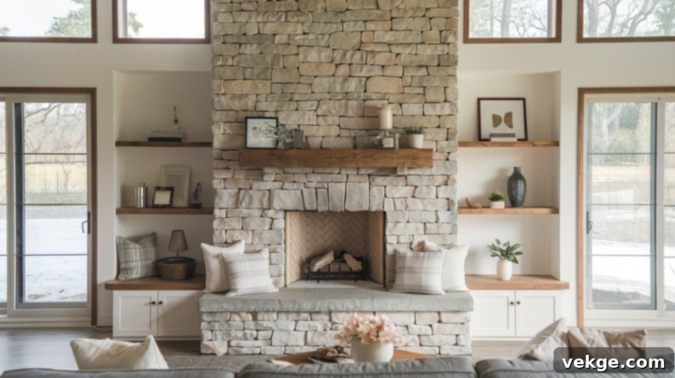 Fireplace Focal Point in Barndominium Living Room
