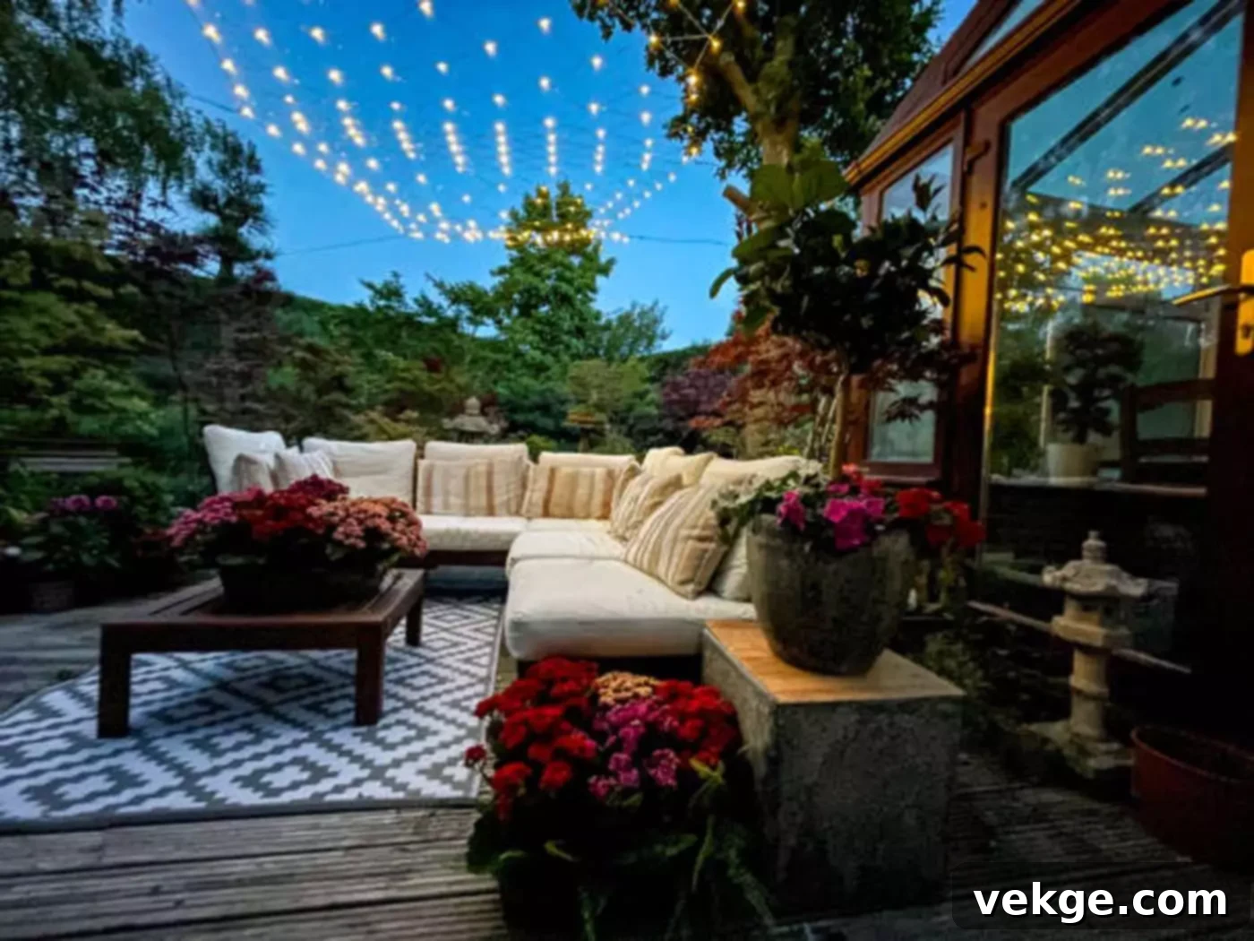 String lights draped across a patio creating a warm glow